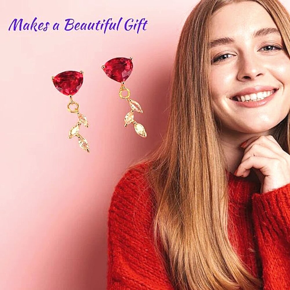 Ruby CZ Drop Earrings with CZ Diamond Leaf Danglers